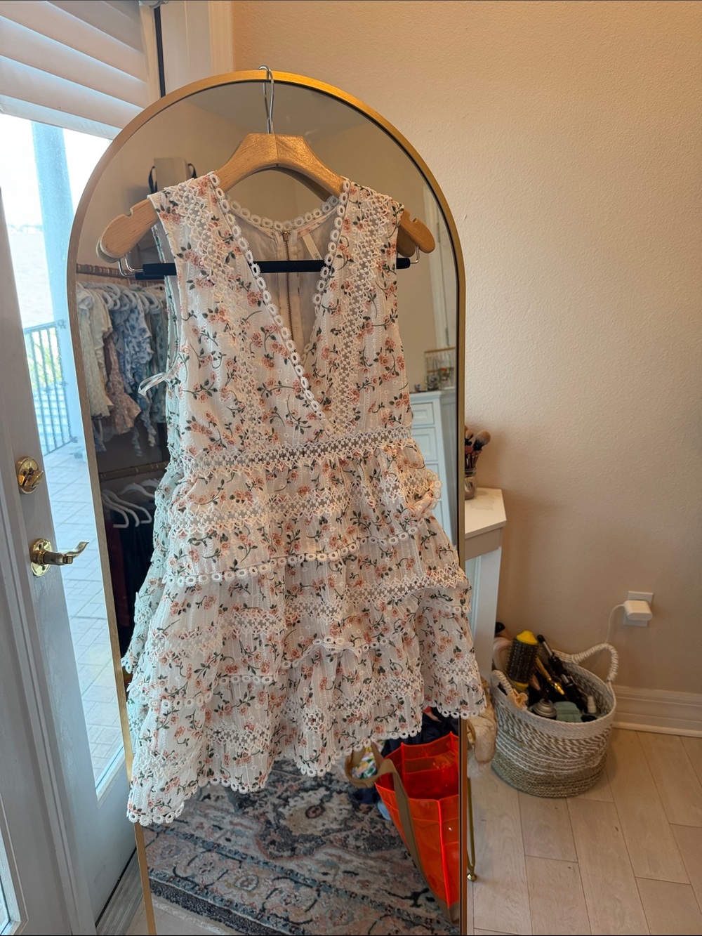 Floral Eyelet Tiered Mini Dress in Ivory and Blush
